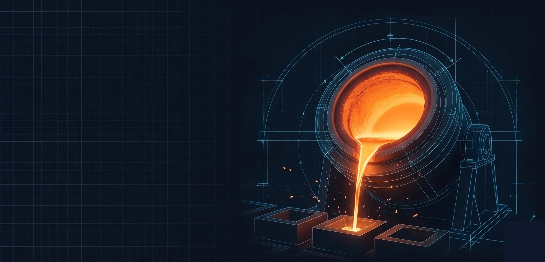 Industrial furnace pouring molten metal with cyan blueprint overlays